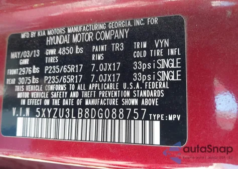 2013 Hyundai Santa Fe Sport from USA, damaged, VIN 5XYZU3LB8DG088757